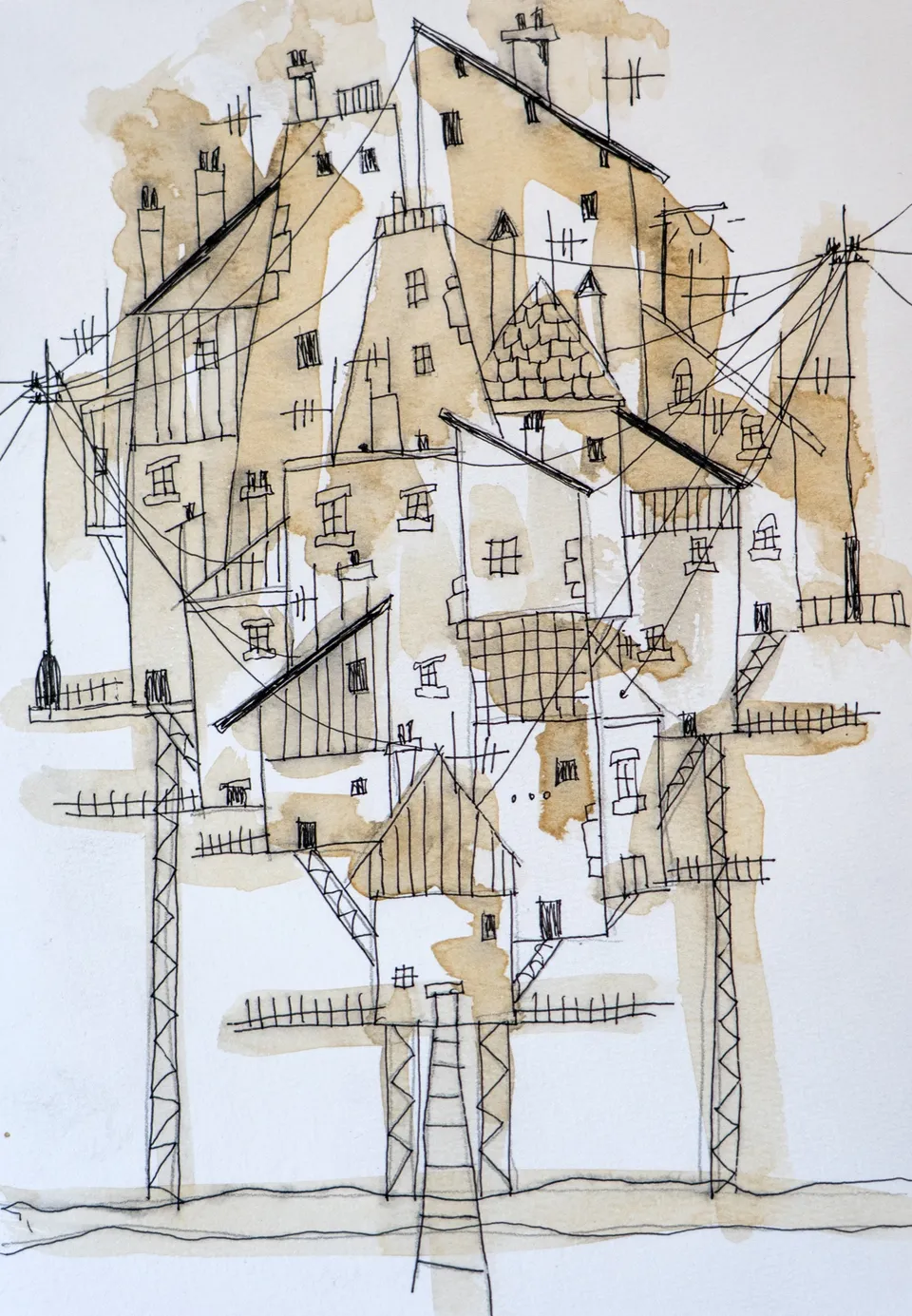 Priorat, ink and watercolour on paper